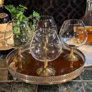 4 Rare Vintage Whiskey Brandy Snifter Drinking Glass Goblets w/ Solid Brass Base